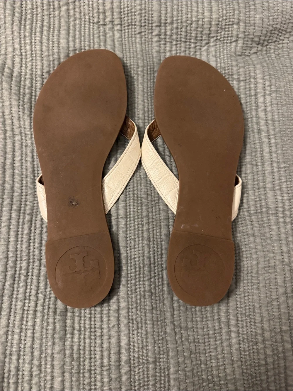 Tory Burch Light Cream Leather and Brown Logo-Embossed Thong Sandals